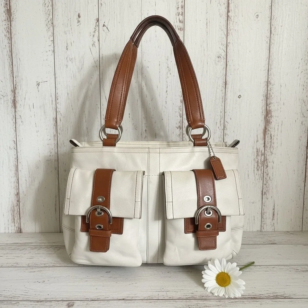 Coach Cargo Pocket Leather Tote Shoulder Bag Cream Cognac Y2K Hangtag